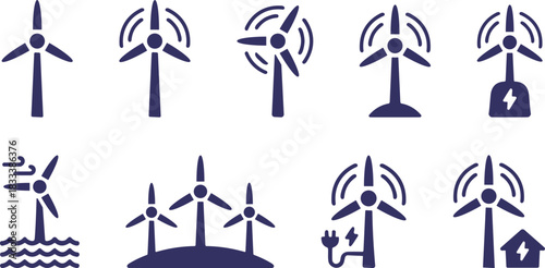 Renewable Energy and Wind Turbine Icon Set, Featuring Windmill, Power Generation, Offshore Farm, and Clean Electricity Vector Graphics Collection