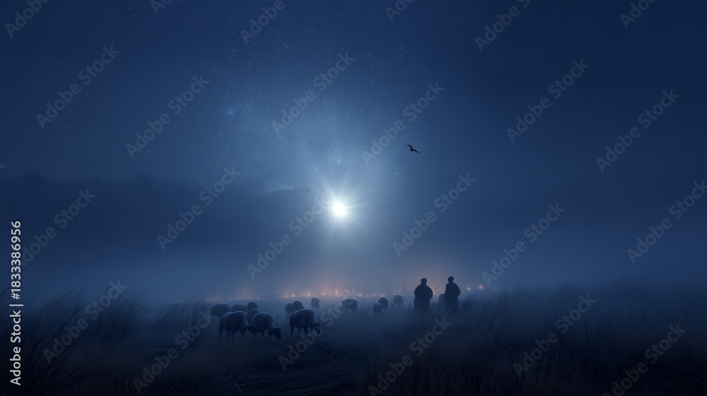 Fototapeta premium Two figures stand in a foggy landscape watching the moon rise over grazing sheep at night