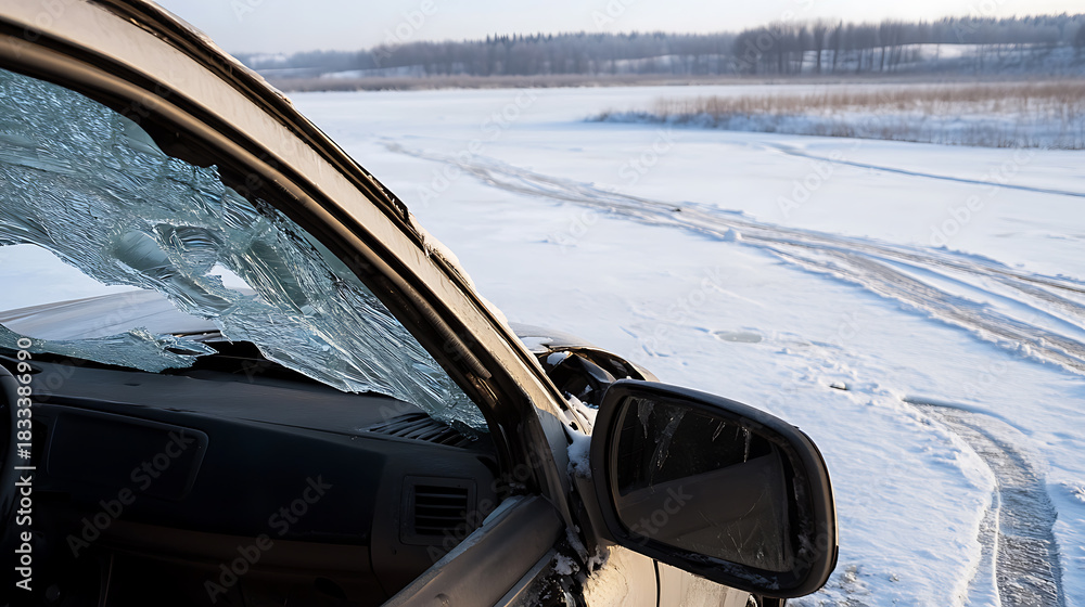 Obraz premium Close-up of a car with a shattered windshield, suggesting an accident in a snowy, winter landscape. Vehicle's interior and exterior details are visible amidst the damage.