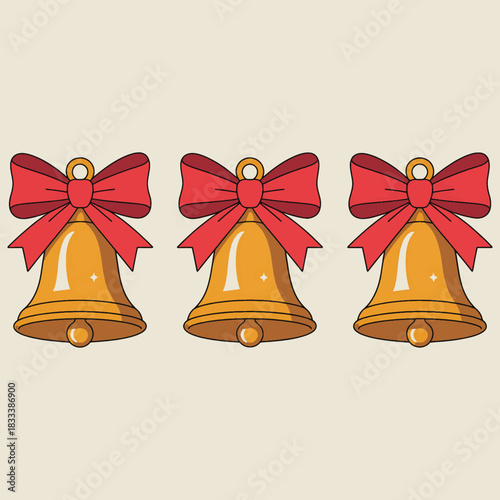 Three golden Christmas bells with red bows on a light beige background Keywords: bell, Christmas, holiday, decoration, festive, gold, golden, red, bow, ribbon, ornate, traditional, winter