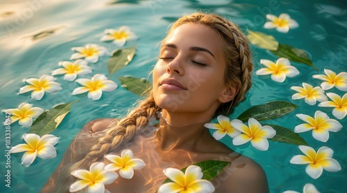 Serene Woman Relaxing in Floral Water Pool