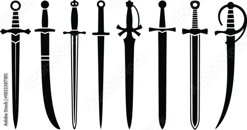 Assortment of Black Silhouettes of Different Historical Swords blade weapon