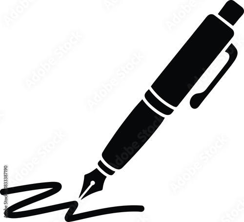 Black Silhouette Icon of a Fountain Pen Writing a Wavy Line on White 