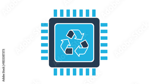 Blue computer chip icon with a recycling symbol inside representing electronic waste