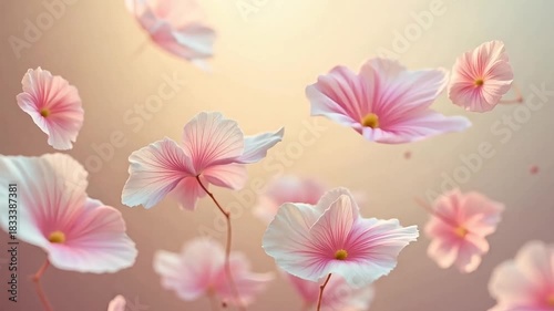 Dreamy pink flowers gently floating and dancing in the breeze create a magical, calming atmosphere perfect for wellness or spring themed projects