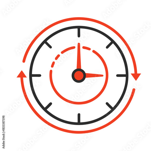 analogue clock, timepiece, clock face, time, minute and hour hands, red and black design, minimalist, simple, geometric, flat design
