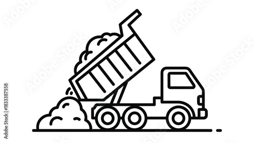Simple line drawing of a dump truck unloading a pile of materials