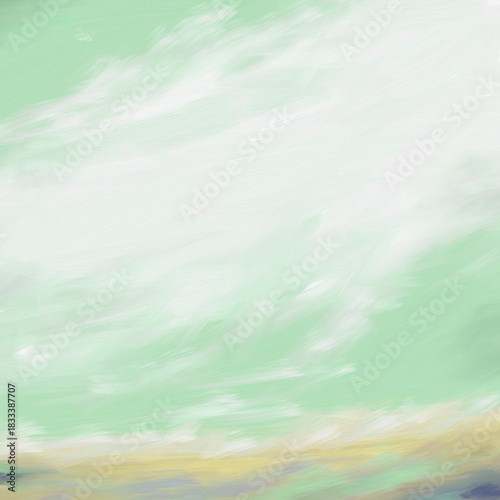 Whimsical Light & Airy Wispy Clouds in Sky Over a Meadow or Field-Digital Painting, Illustration, Art, Artwork, in lime Green & Yellow