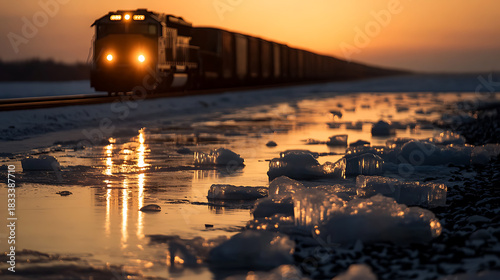Fototapeta Naklejka Na Ścianę i Meble -  A freight train glides past the icy banks during a golden sunset, it reflects off the ice, creating a stunning visual of transport amid the serene beauty of the landscape.