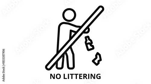 Simple black and white illustration depicts a person prohibited from discarding trash on the ground