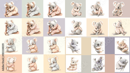 Adorable baby koala illustrations in soft pastel tones featuring gentle poses, cozy outfits, and sweet expressions. Perfect for nursery decor, kids products, prints, and cute design themes.