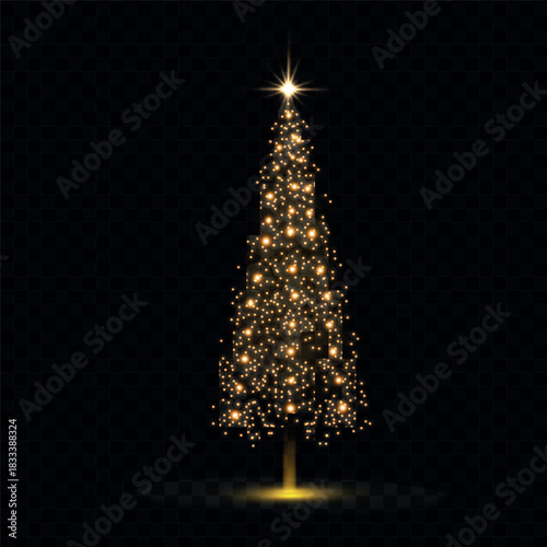 Bright festive tree made of colorful bokeh and glitter. Abstract light christmas tree with shimmering light reflections. eps10