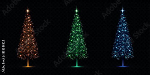 Bright festive tree made of colorful bokeh and glitter. Abstract light christmas tree with shimmering light reflections. eps10