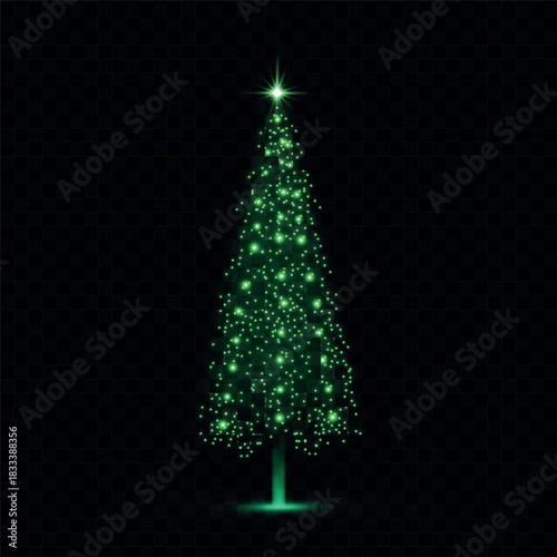 Bright festive tree made of colorful bokeh and glitter. Abstract light christmas tree with shimmering light reflections. eps10