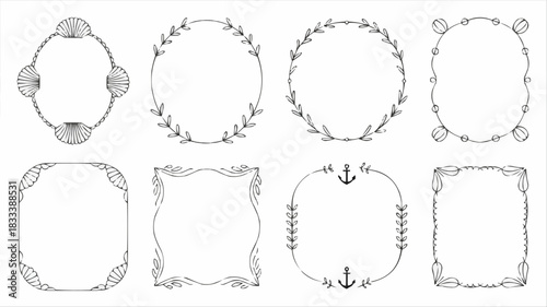 Charming hand-drawn frames and borders with nautical and botanical elements for coastal designs, invitations, and rustic wedding accents, scalable vector