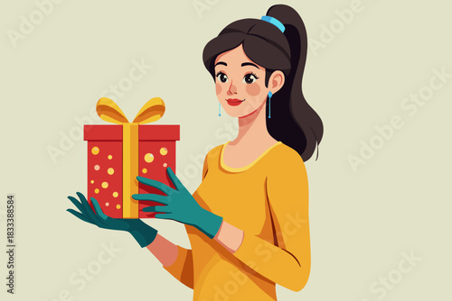 Smiling woman with birthday gift box, flat minimalist illustration in warm pastel colors, holding festive present in gloves for holiday celebration and greeting card design with copy space