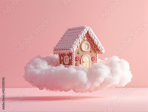 Sweet Gingerbread House on a Cloud Dreamscape Against a Pink Backdrop