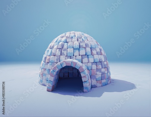 Colorful Igloo on a Minimalist Snowfield Under Blue Sky