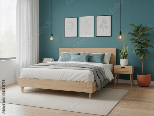 Modern cozy bedroom interior with wooden bed, green accents, and minimalist decor