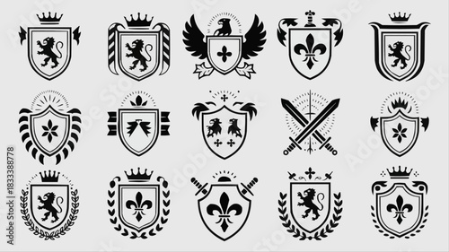 Majestic heraldic emblems collection, perfect for creating vintage logos, family crests, and elegant brand identities, timeless designs with royal flair and historical charm