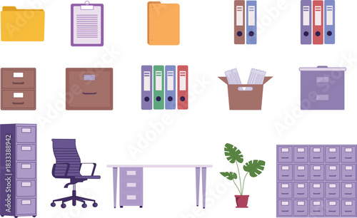 Isolated office icons. Documents, papers, folders, and other holders. Cartoon bookshelf, work desk and nice chair. Cardboard box and folder, sapid vector set