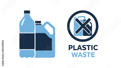 Plastic bottles and containers with a prohibition symbol indicating waste management rules