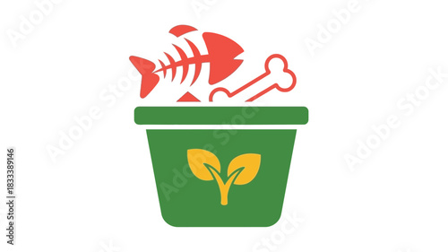 A green recycling bin contains fish bones and a chicken bone showing food waste