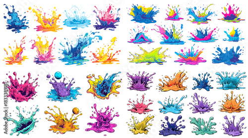 Dynamic paint splash collection in bright vivid colors showing explosive motion, droplets, and liquid shapes. Ideal for creative artwork, backgrounds, digital effects, and modern design.