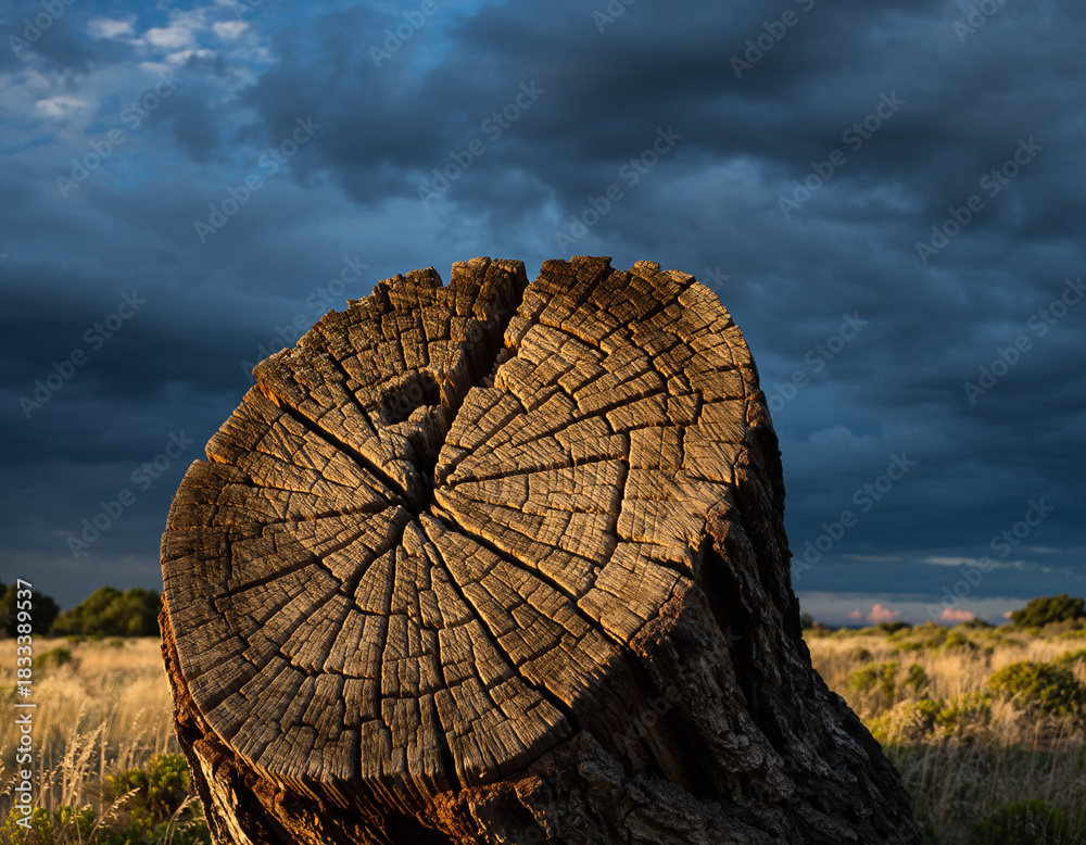 Obraz premium Weathered tree stump under a dramatic sky, symbolizing resilience, age, or history. Perfect for nature, environmental, or abstract concepts.