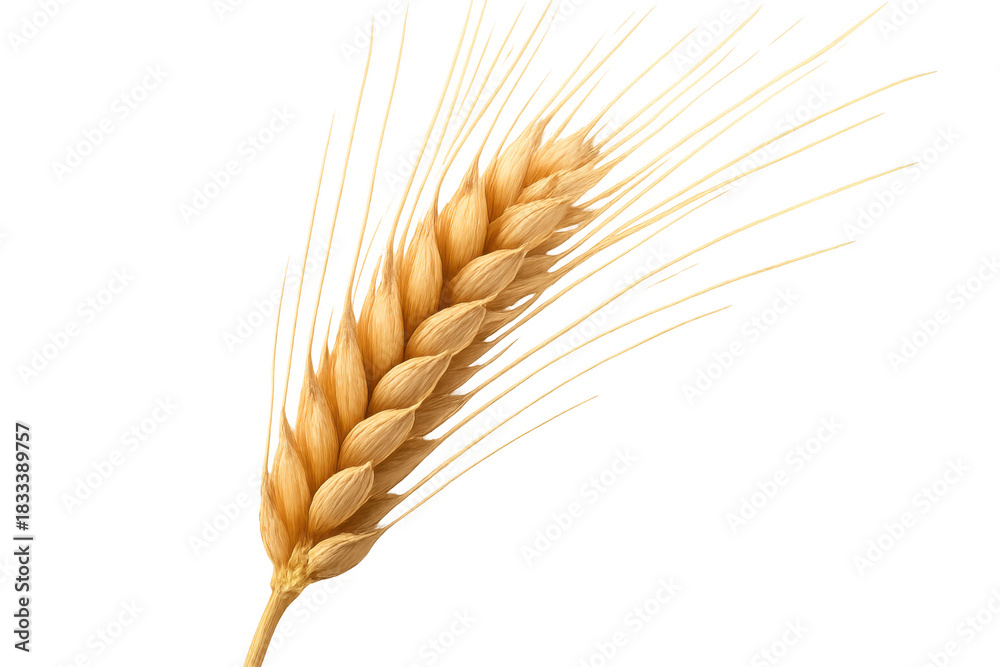Naklejka premium Golden ripe wheat ear showing grain for agriculture, food production, and baking, with transparent background