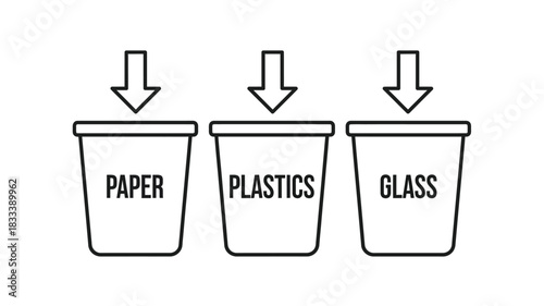 Three recycling bins for paper plastics and glass with downward pointing arrows shown