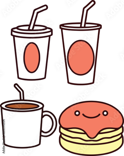 Assorted cartoon drinks and breakfast food: coffee mug, soda cups with straws, and a smiling pancake stack icon set Vector