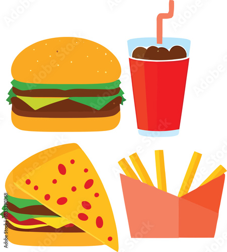 Classic cartoon fast food items set: juicy double burger, refreshing soda, cheesy pizza slice, and crispy french fries Vector