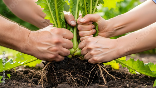 Teamwork planting seedling together in garden with hands