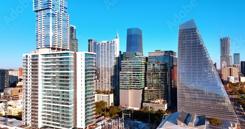 Wallpaper Mural Modern design of high-rise buildings close to each other in the urban landscape. Blue clear sky at backdrop. Austin, Texas, USA. Torontodigital.ca