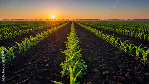 Sunrise over a young cornfield in early summer