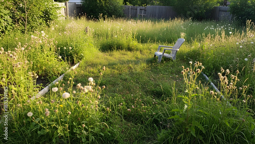 Overgrown garden with weeds and wild plants in summer
