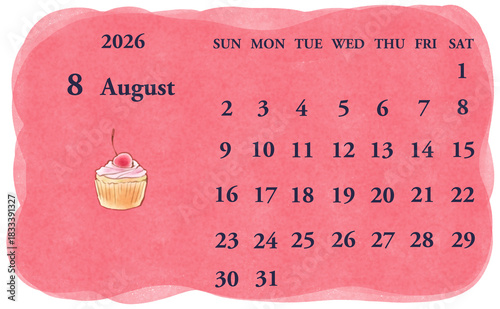 2026年8月のカレンダー　日曜日始まり