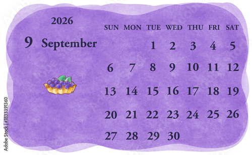 2026年9月のカレンダー　日曜日始まり