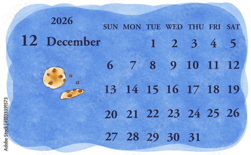 2026年12月のカレンダー　日曜日始まり