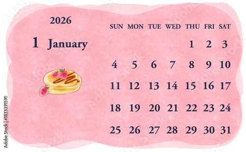2026年1月のカレンダー　日曜日始まり