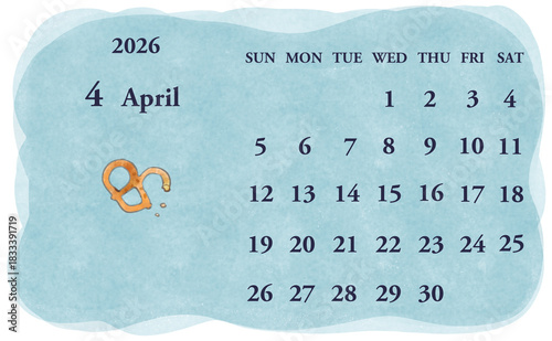 2026年4月のカレンダー　日曜日始まり