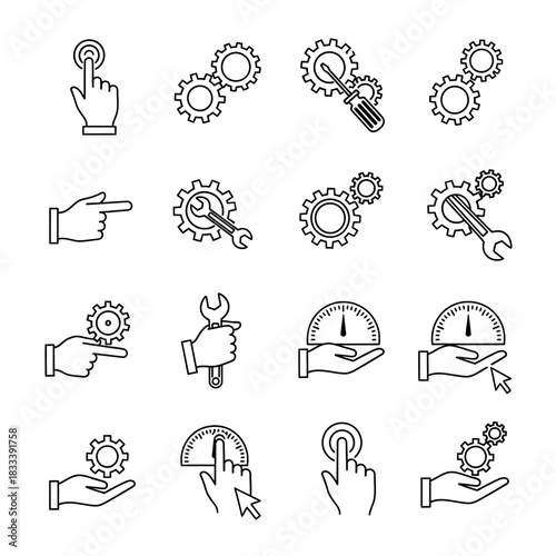 Collection of outline icons representing settings, tools, and interactive gestures.