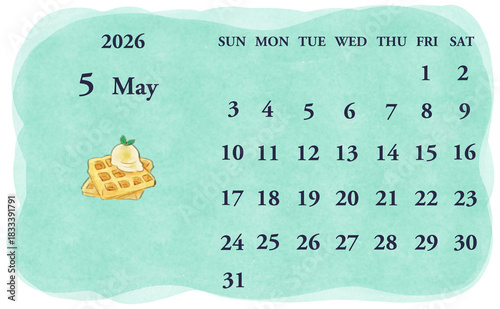 2026年5月のカレンダー　日曜日始まり