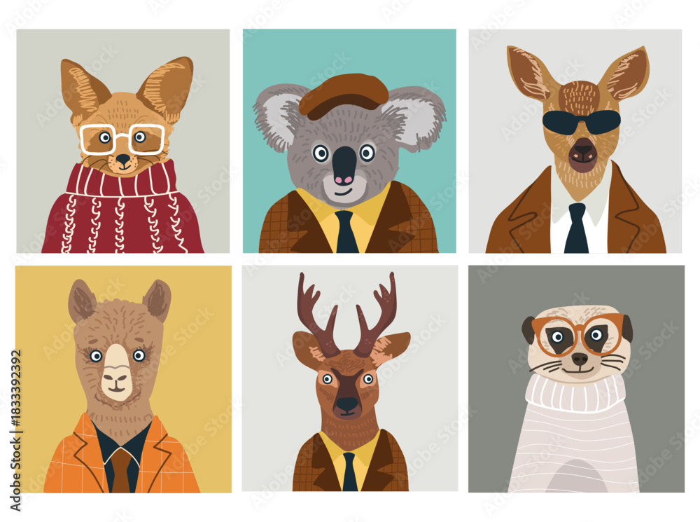 Obraz premium Animals avatars set, cute portraits, user profiles, hand drawn vector illustration.