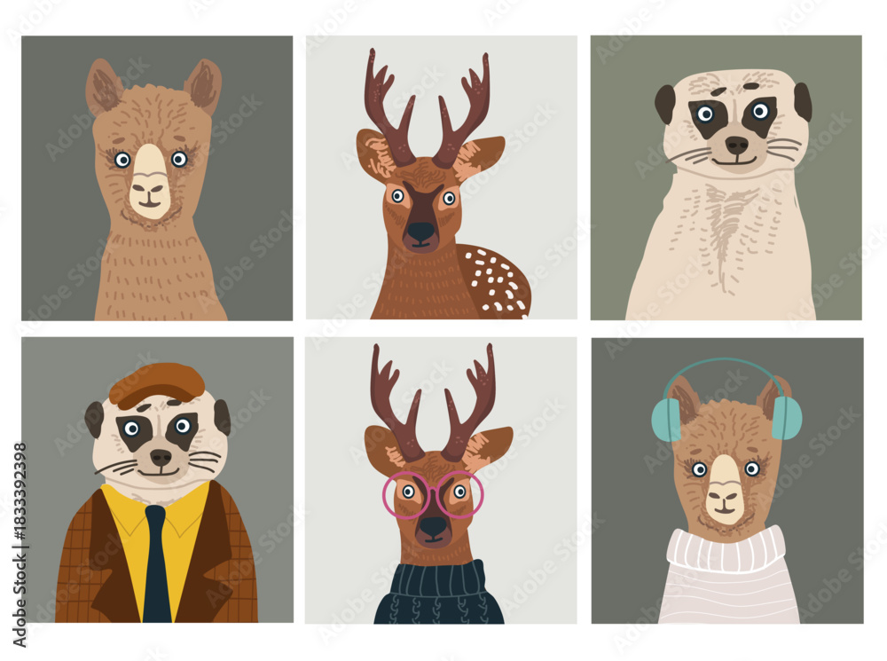 Obraz premium Animals avatars set, cute portraits, user profiles, hand drawn vector illustration.