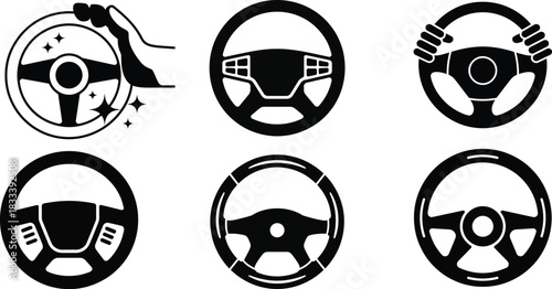 Set of Black and White Vector Steering Wheel Icons