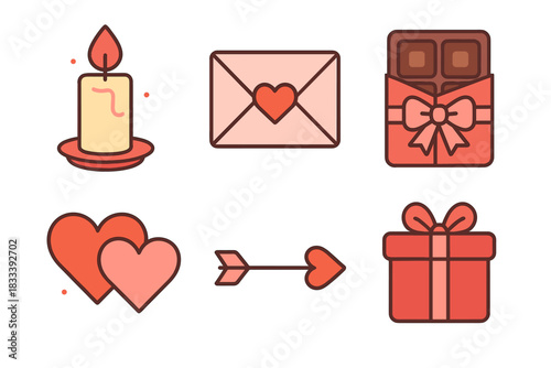A set of 6 romantic colored icons in a pleasant flat style with a delicate red-pink-brown palette.