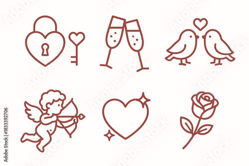 A set of 6 romantic/love icons (emotions, symbols related to love and Valentine's Day), made in a single style — thin brown lines, minimalistic, very cute and romantic.