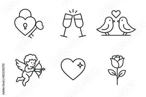 Classic clean black and white line icons in a perfectly thin line-art style, 100% monochrome, without any color for Valentine's Day and romance. 